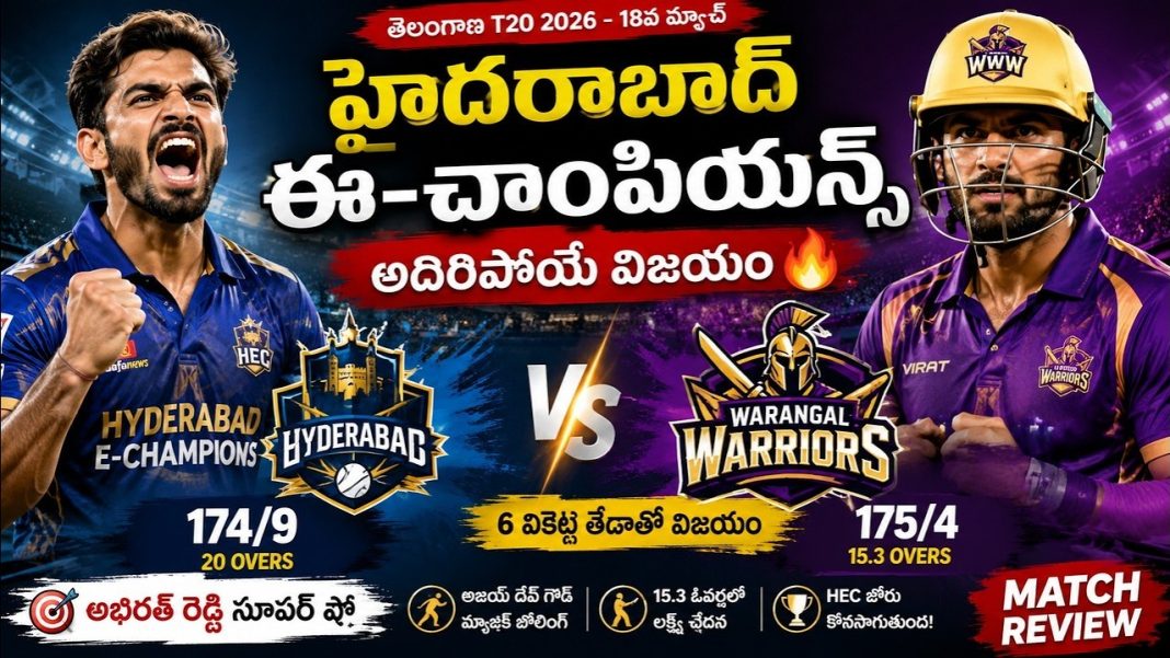 హైదరాబాద్ ఈ-ఛాంపియన్స్ అదిరిపోయే విజయం వరంగల్ వారియర్స్పై పూర్తి ఆధిపత్యం హైదరాబాద్ ఈ-ఛాంపియన్స్ అదిరిపోయే విజయం వరంగల్ వారియర్స్పై పూర్తి ఆధిపత్యం