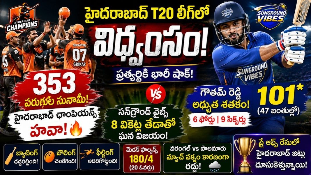 హైదరాబాద్కు భారీ షాక్.. టీ20 లీగ్లో అద్భుత విజయం సాధించిన హైదరాబాద్ ఛాంపియన్స్! హైదరాబాద్కు భారీ షాక్.. టీ20 లీగ్లో అద్భుత విజయం సాధించిన హైదరాబాద్ ఛాంపియన్స్!
